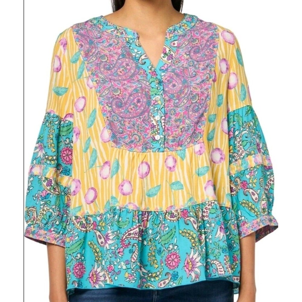 John Mark Cherries Paisley Embroidered Floral Tunic Top Womens Medium Patchwork